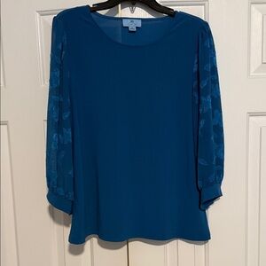 CeCe Blue Blouse with Sheer Floral Sleeves